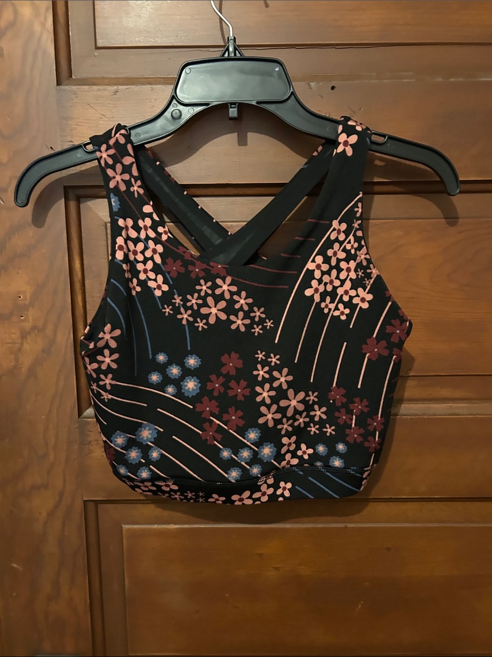 POP Fit Black Floral Crop Sports Bra with Pink & Blue Accents